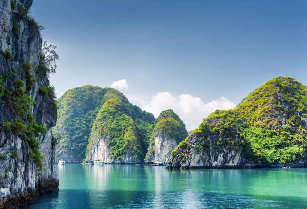 beautiful azure water of lagoon in the ha long bay, vietnam